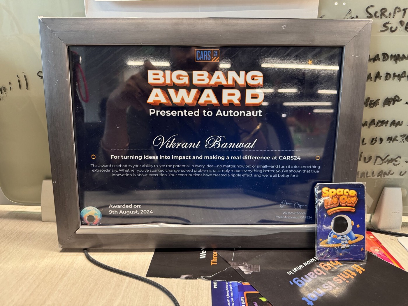 CARS24 Big Bang Award certificate presented to Vikrant Banwal for turning ideas into impact, August 2024.